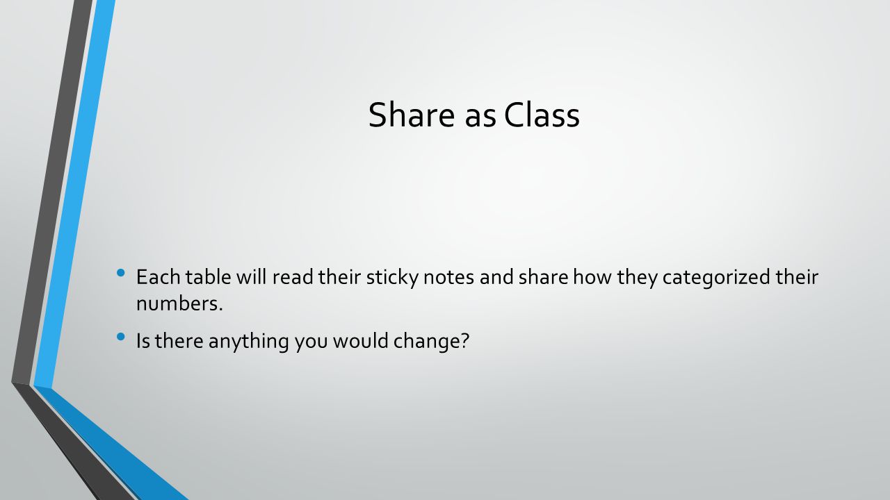 Share as Class Each table will read their sticky notes and share how they categorized their numbers.