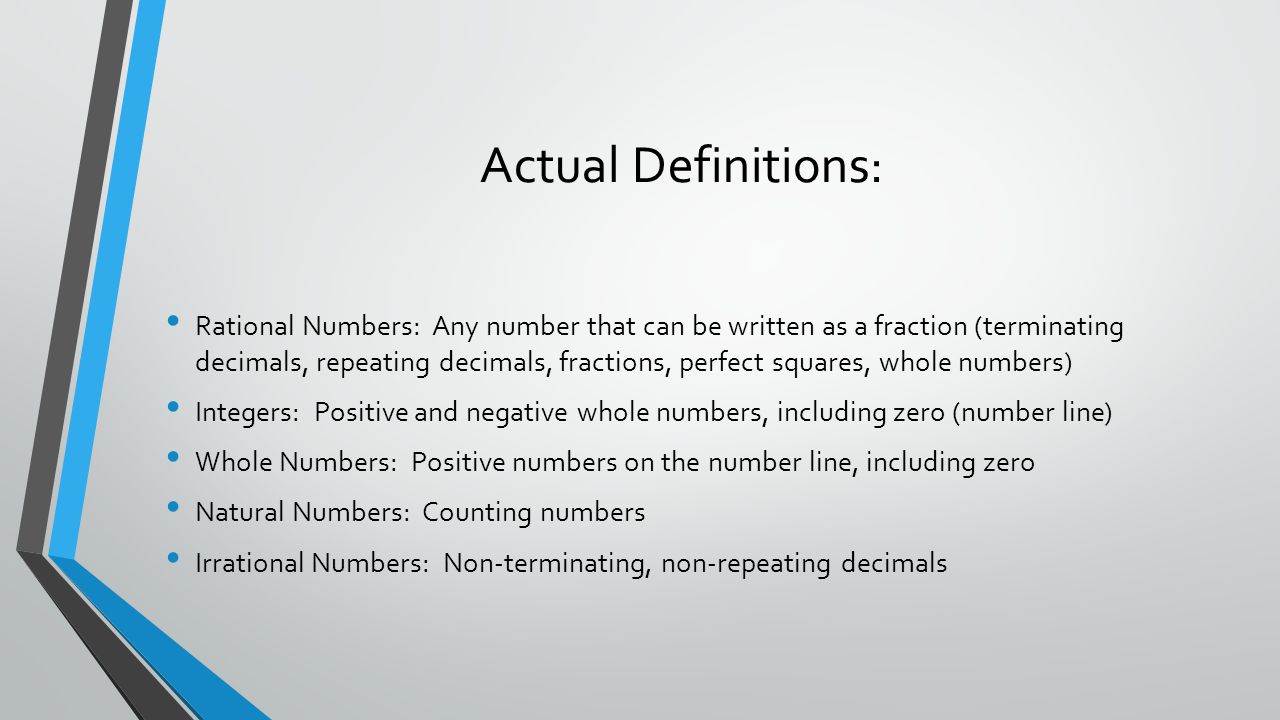 Actual Definitions: Rational Numbers: Any number that can be written as a fraction (terminating decimals, repeating decimals, fractions, perfect squares, whole numbers) Integers: Positive and negative whole numbers, including zero (number line) Whole Numbers: Positive numbers on the number line, including zero Natural Numbers: Counting numbers Irrational Numbers: Non-terminating, non-repeating decimals