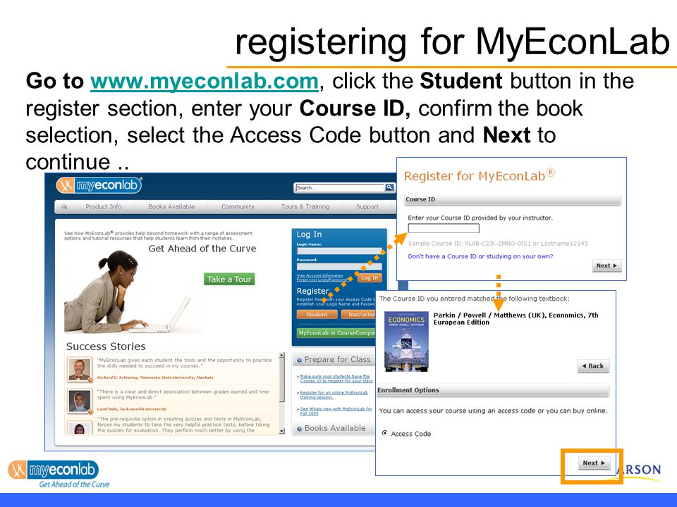 Go to   click the Student button in the register section, enter your Course ID, confirm the book selection, select the Access Code button and Next to continue..  registering for MyEconLab