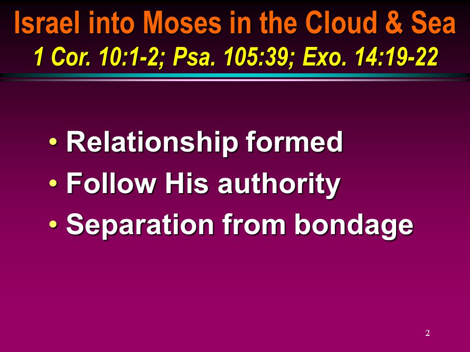 2 Israel into Moses in the Cloud & Sea 1 Cor. 10:1-2; Psa.