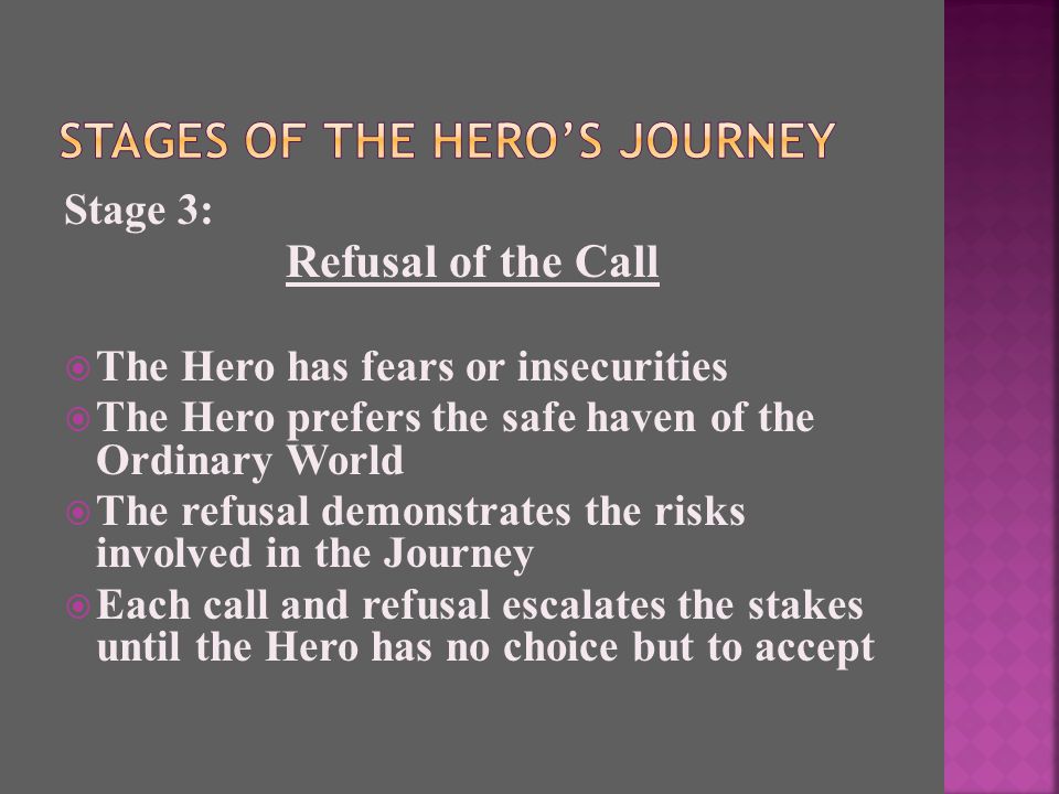 Stage 3: Refusal of the Call  The Hero has fears or insecurities  The Hero prefers the safe haven of the Ordinary World  The refusal demonstrates the risks involved in the Journey  Each call and refusal escalates the stakes until the Hero has no choice but to accept