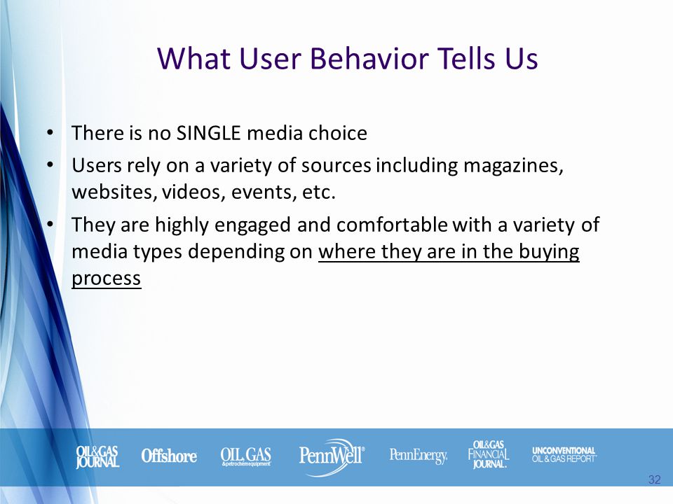 What User Behavior Tells Us There is no SINGLE media choice Users rely on a variety of sources including magazines, websites, videos, events, etc.