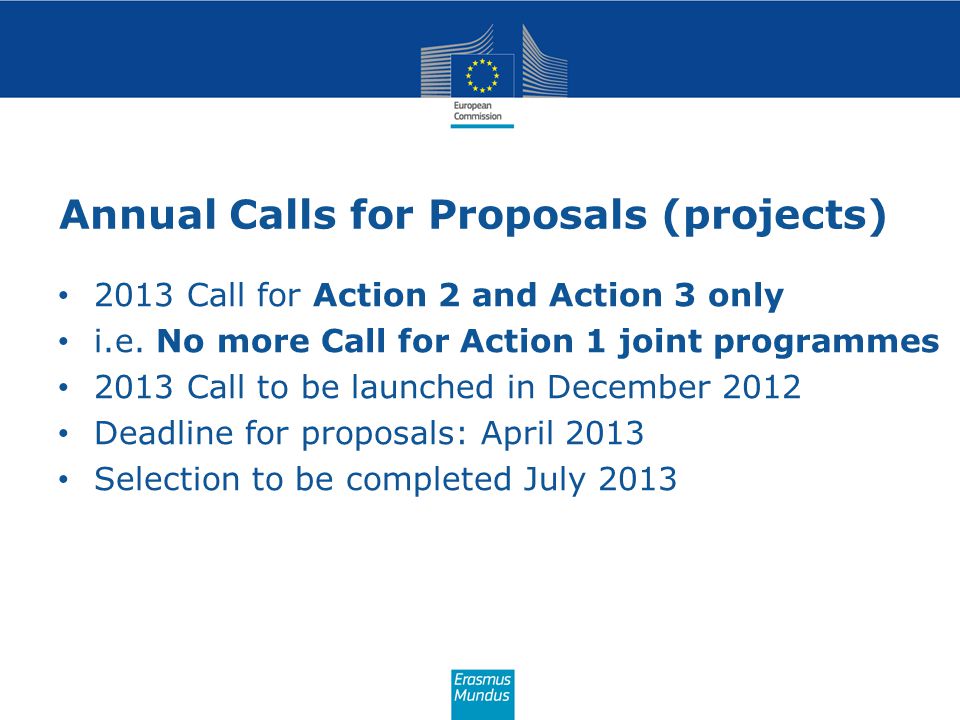 Annual Calls for Proposals (projects) 2013 Call for Action 2 and Action 3 only i.e.