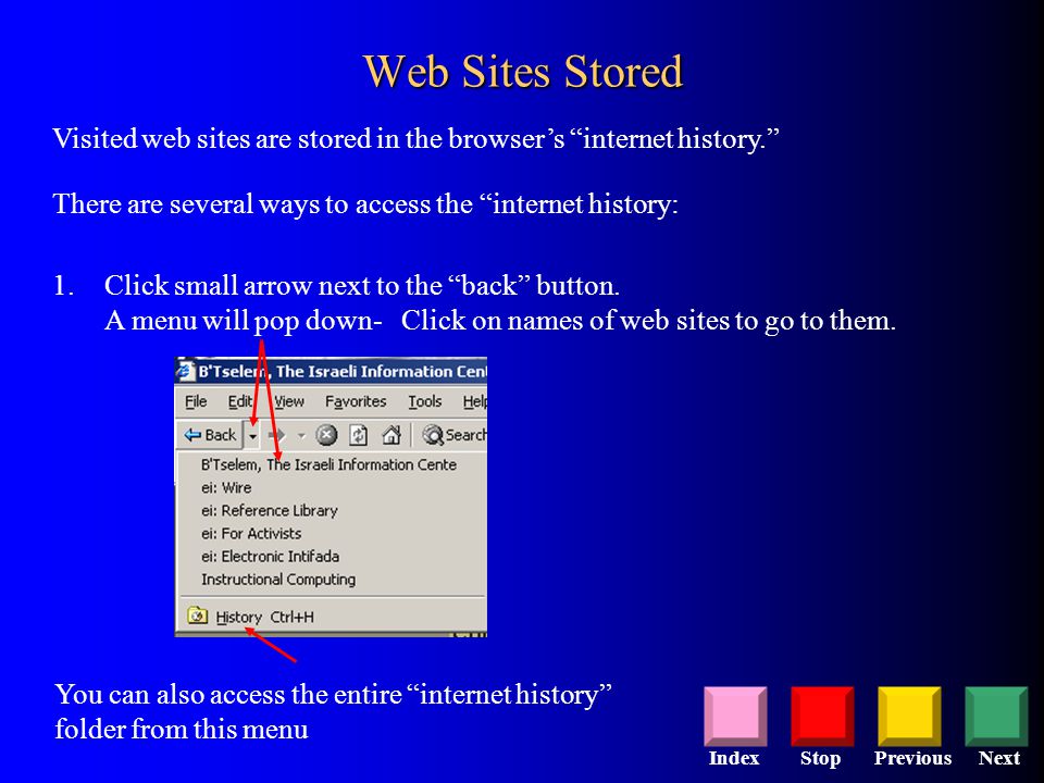 StopPreviousNextIndex Web Sites Stored Visited web sites are stored in the browser’s internet history. There are several ways to access the internet history: 1.Click small arrow next to the back button.