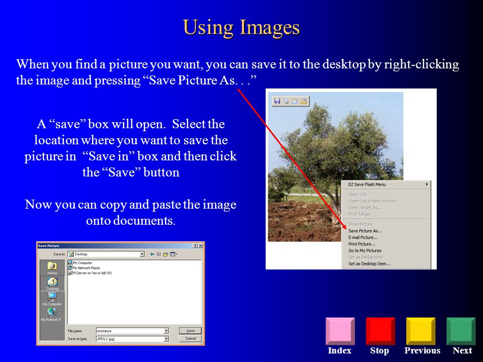 StopPreviousNextIndex Using Images When you find a picture you want, you can save it to the desktop by right-clicking the image and pressing Save Picture As... A save box will open.