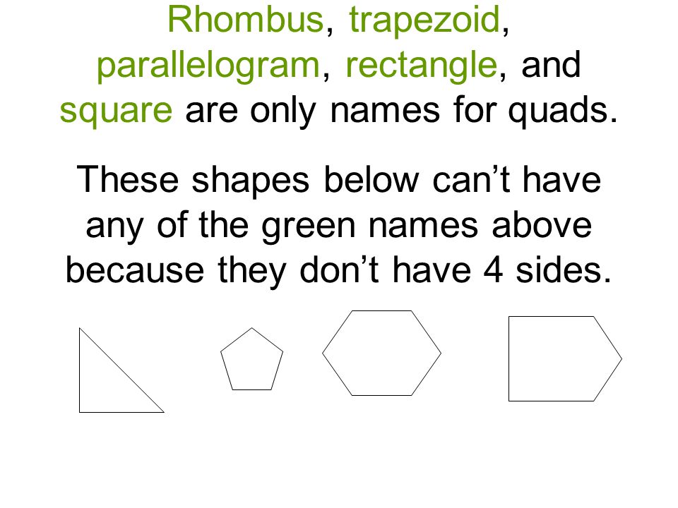 Rhombus, trapezoid, parallelogram, rectangle, and square are only names for quads.