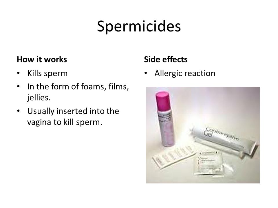 Spermicides How it works Kills sperm In the form of foams, films, jellies.