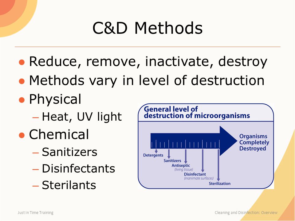 C&D Methods ●Reduce, remove, inactivate, destroy ●Methods vary in level of destruction ●Physical – Heat, UV light ●Chemical – Sanitizers – Disinfectants – Sterilants Just In Time Training Cleaning and Disinfection: Overview