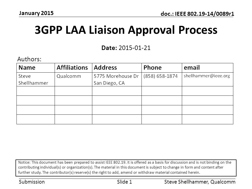 Submission doc.: IEEE /0089r1 January 2015 Steve Shellhammer, QualcommSlide 1 3GPP LAA Liaison Approval Process Date: Authors: Notice: This document has been prepared to assist IEEE