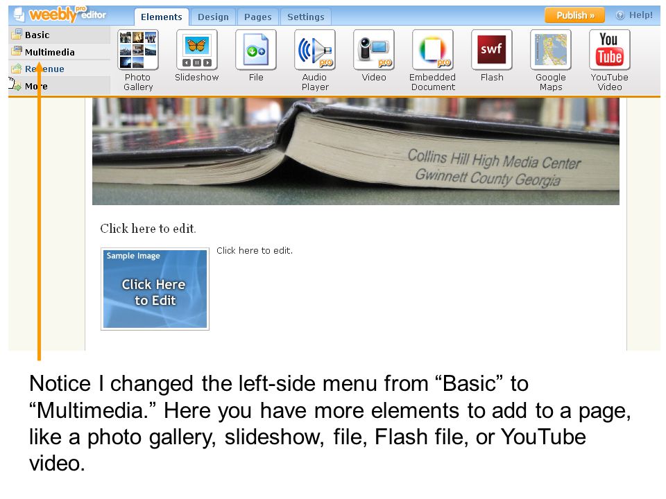 Notice I changed the left-side menu from Basic to Multimedia. Here you have more elements to add to a page, like a photo gallery, slideshow, file, Flash file, or YouTube video.