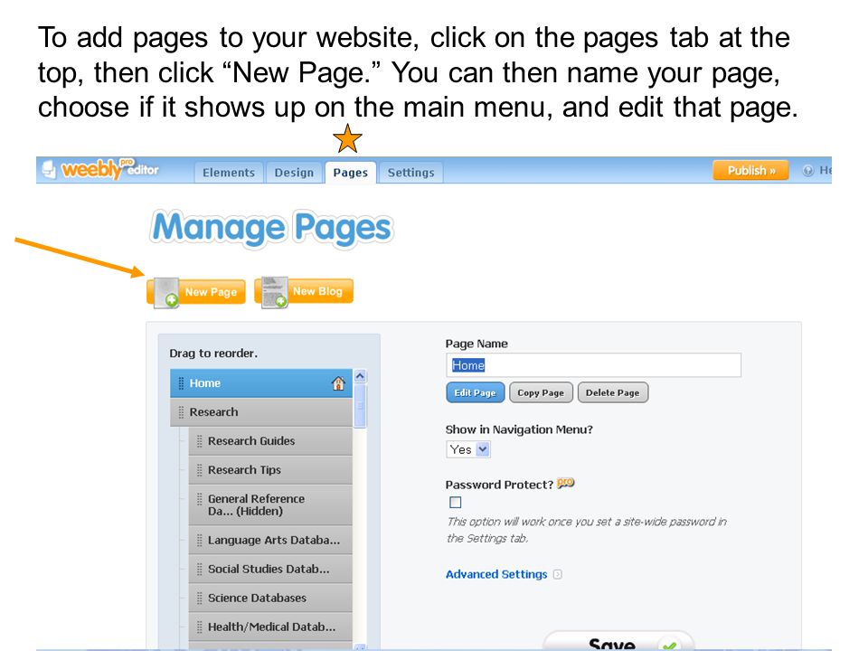 To add pages to your website, click on the pages tab at the top, then click New Page. You can then name your page, choose if it shows up on the main menu, and edit that page.
