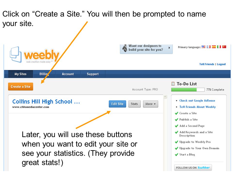 Click on Create a Site. You will then be prompted to name your site.