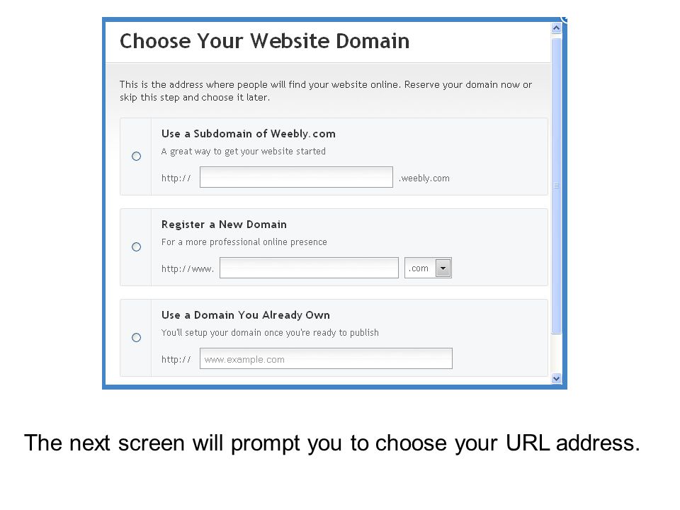 The next screen will prompt you to choose your URL address.