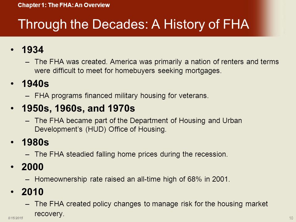 Through the Decades: A History of FHA 1934 –The FHA was created.