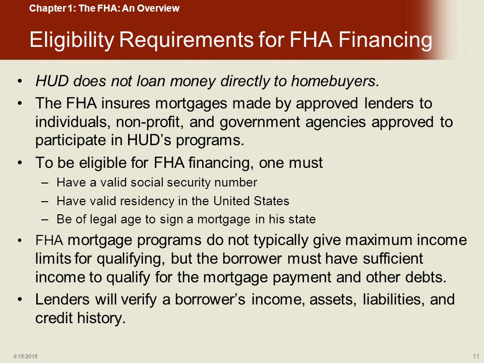 Eligibility Requirements for FHA Financing HUD does not loan money directly to homebuyers.