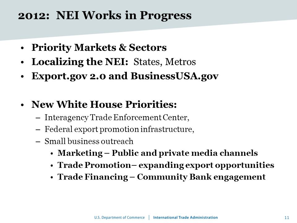 2012: NEI Works in Progress Priority Markets & Sectors Localizing the NEI: States, Metros Export.gov 2.0 and BusinessUSA.gov New White House Priorities: –Interagency Trade Enforcement Center, –Federal export promotion infrastructure, –Small business outreach Marketing – Public and private media channels Trade Promotion– expanding export opportunities Trade Financing – Community Bank engagement 11