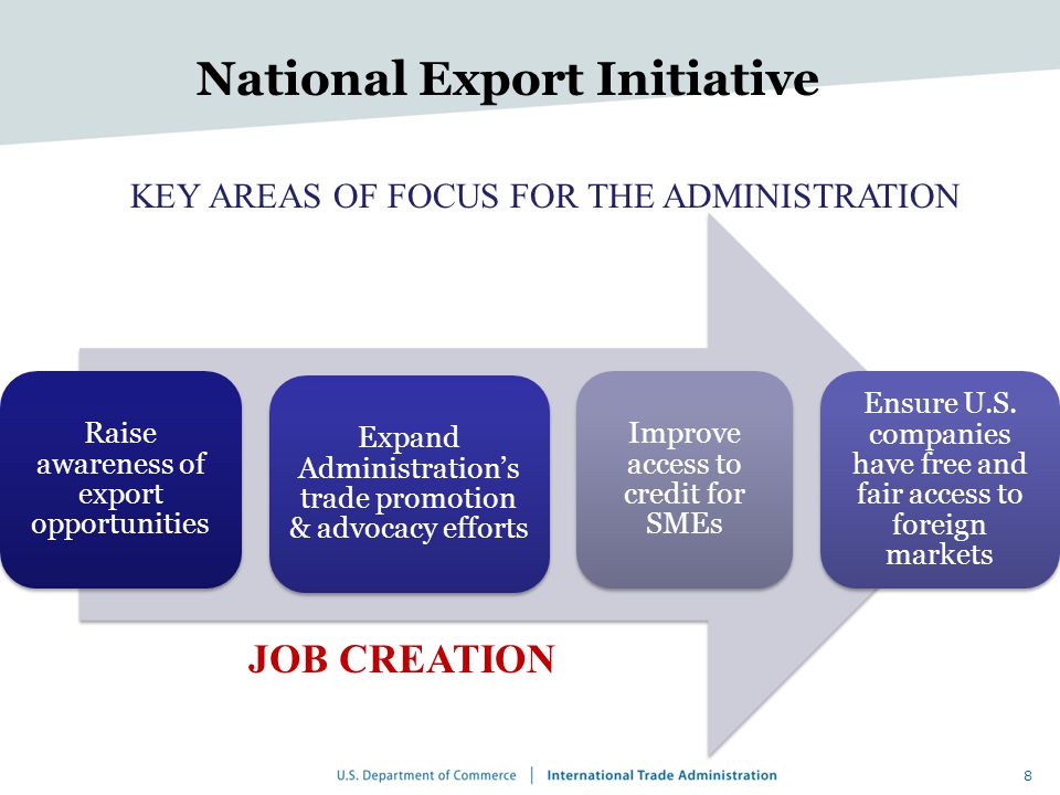 8 Raise awareness of export opportunities Expand Administration’s trade promotion & advocacy efforts Ensure U.S.