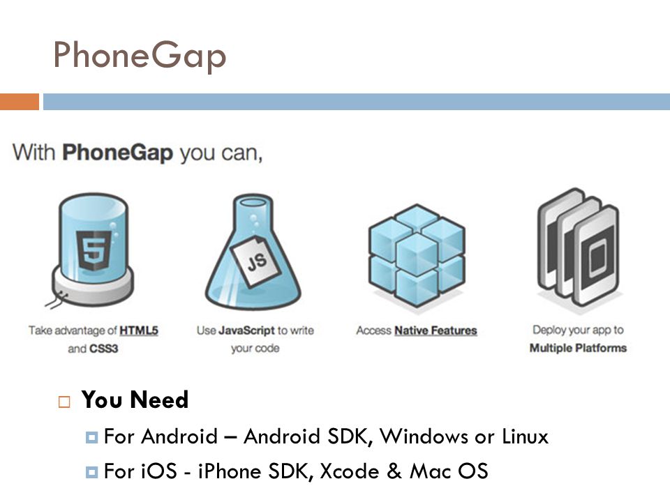 PhoneGap  You Need  For Android – Android SDK, Windows or Linux  For iOS - iPhone SDK, Xcode & Mac OS