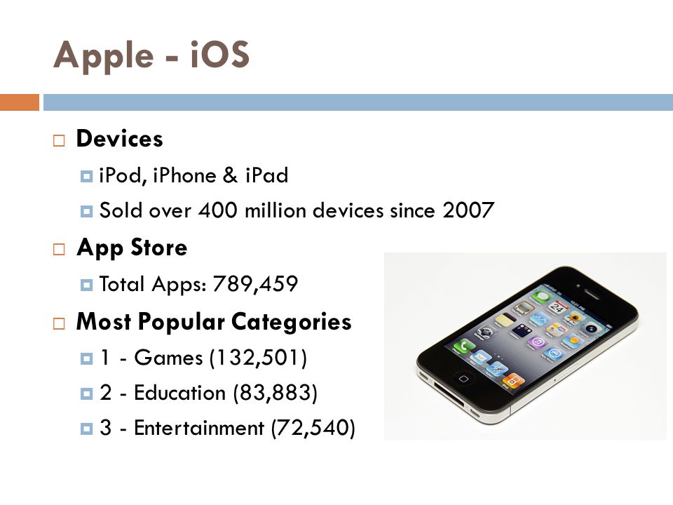 Apple - iOS  Devices  iPod, iPhone & iPad  Sold over 400 million devices since 2007  App Store  Total Apps: 789,459  Most Popular Categories  1 - Games (132,501)  2 - Education (83,883)  3 - Entertainment (72,540)