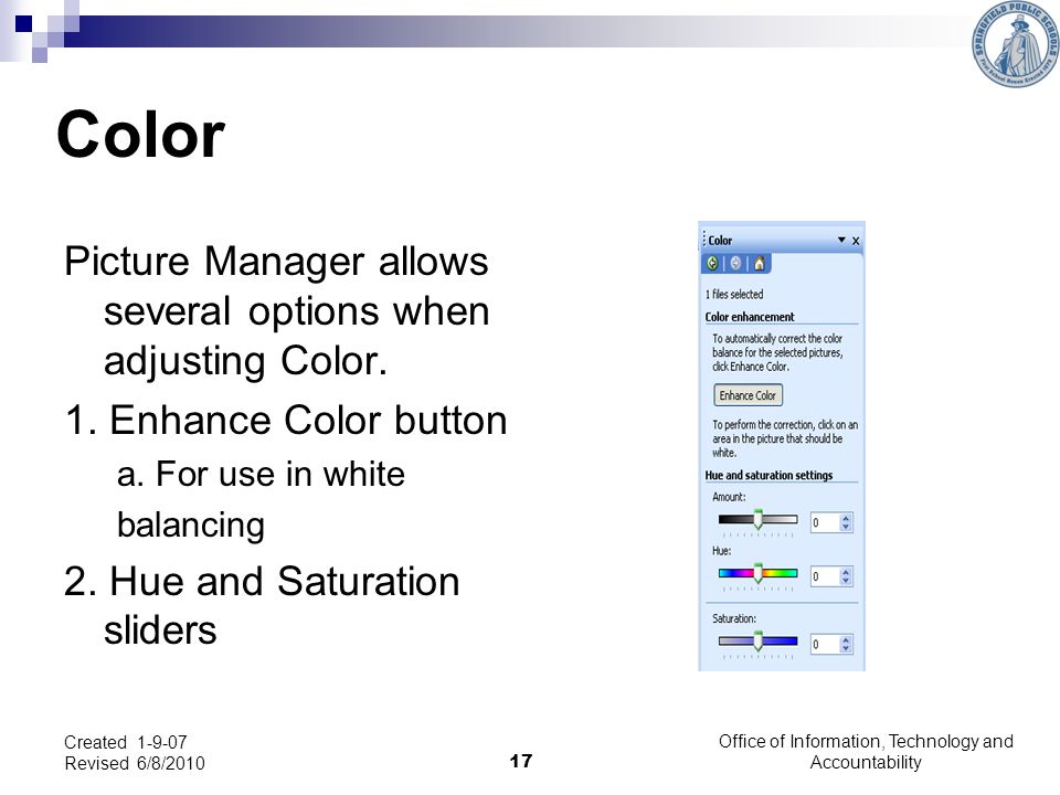 17 Color Picture Manager allows several options when adjusting Color.