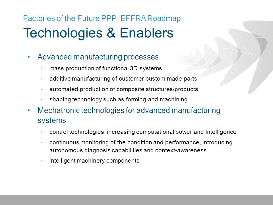 Advanced manufacturing processes mass production of functional 3D systems additive manufacturing of customer custom made parts automated production of composite structures/products shaping technology such as forming and machining Mechatronic technologies for advanced manufacturing systems control technologies, increasing computational power and intelligence continuous monitoring of the condition and performance, introducing autonomous diagnosis capabilities and context-awareness.
