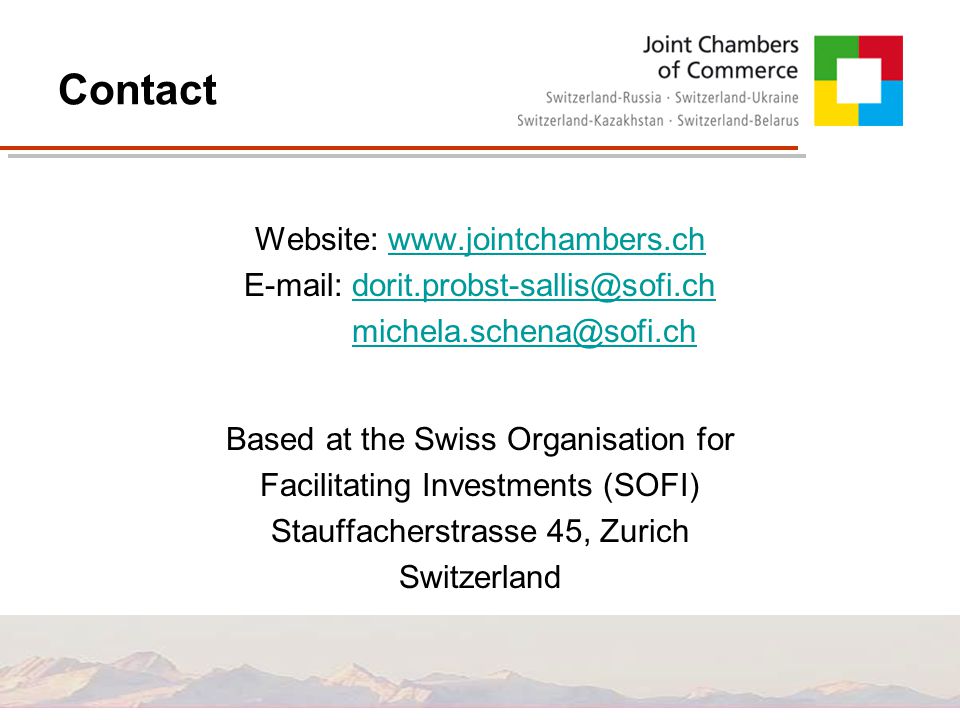 Contact Website:      Based at the Swiss Organisation for Facilitating Investments (SOFI) Stauffacherstrasse 45, Zurich Switzerland