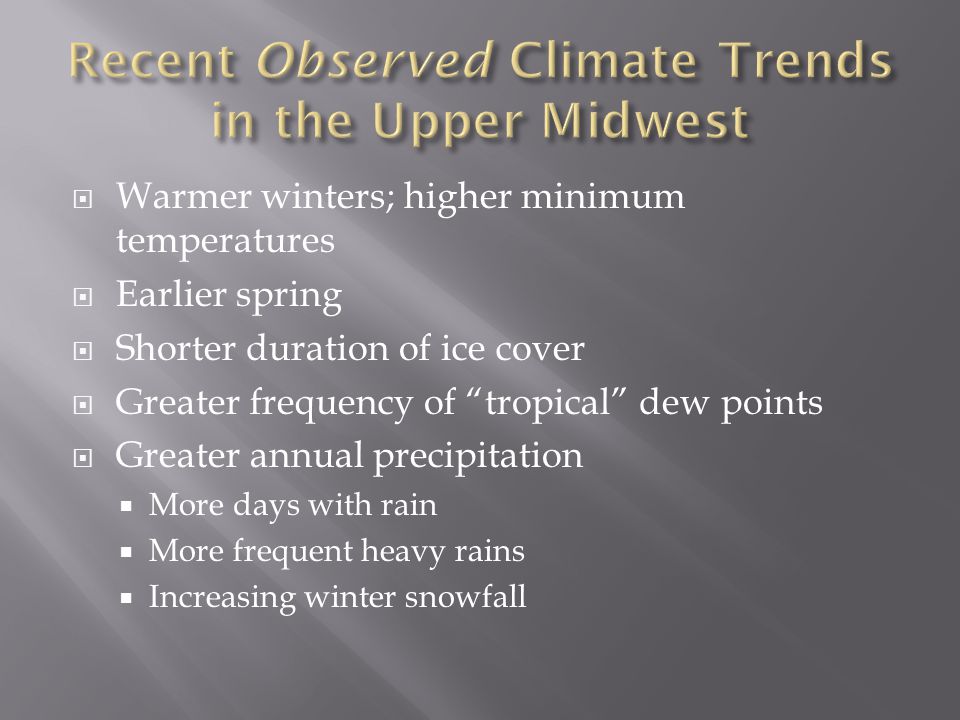  Warmer winters; higher minimum temperatures  Earlier spring  Shorter duration of ice cover  Greater frequency of tropical dew points  Greater annual precipitation  More days with rain  More frequent heavy rains  Increasing winter snowfall