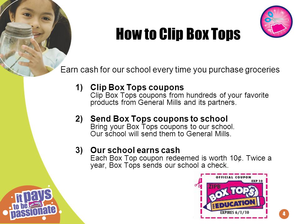 4 Earn cash for our school every time you purchase groceries 1)Clip Box Tops coupons Clip Box Tops coupons from hundreds of your favorite products from General Mills and its partners.