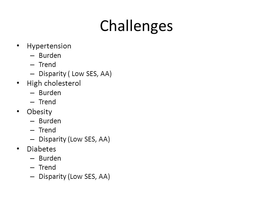 Challenges Hypertension – Burden – Trend – Disparity ( Low SES, AA) High cholesterol – Burden – Trend Obesity – Burden – Trend – Disparity (Low SES, AA) Diabetes – Burden – Trend – Disparity (Low SES, AA)