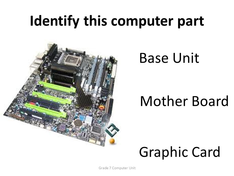 Identify this computer part Base Unit Mother Board Graphic Card Grade 7 Computer Unit