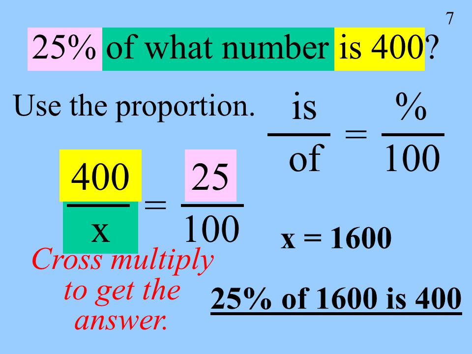 7 25% of what number is 400. Use the proportion.