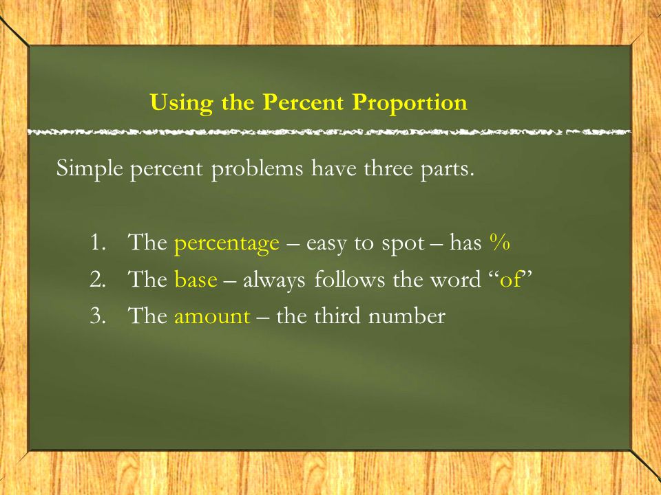 Using the Percent Proportion Simple percent problems have three parts.