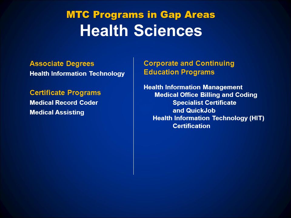 MTC Programs in Gap Areas Health Sciences Corporate and Continuing Education Programs Health Information Management Medical Office Billing and Coding Specialist Certificate and QuickJob Health Information Technology (HIT) Certification Associate Degrees Health Information Technology Certificate Programs Medical Record Coder Medical Assisting