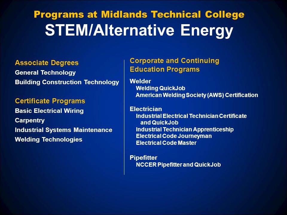 Programs at Midlands Technical College STEM/Alternative Energy Corporate and Continuing Education Programs Welder Welding QuickJob American Welding Society (AWS) Certification Electrician Industrial Electrical Technician Certificate and QuickJob Industrial Technician Apprenticeship Electrical Code Journeyman Electrical Code Master Pipefitter NCCER Pipefitter and QuickJob Associate Degrees General Technology Building Construction Technology Certificate Programs Basic Electrical Wiring Carpentry Industrial Systems Maintenance Welding Technologies