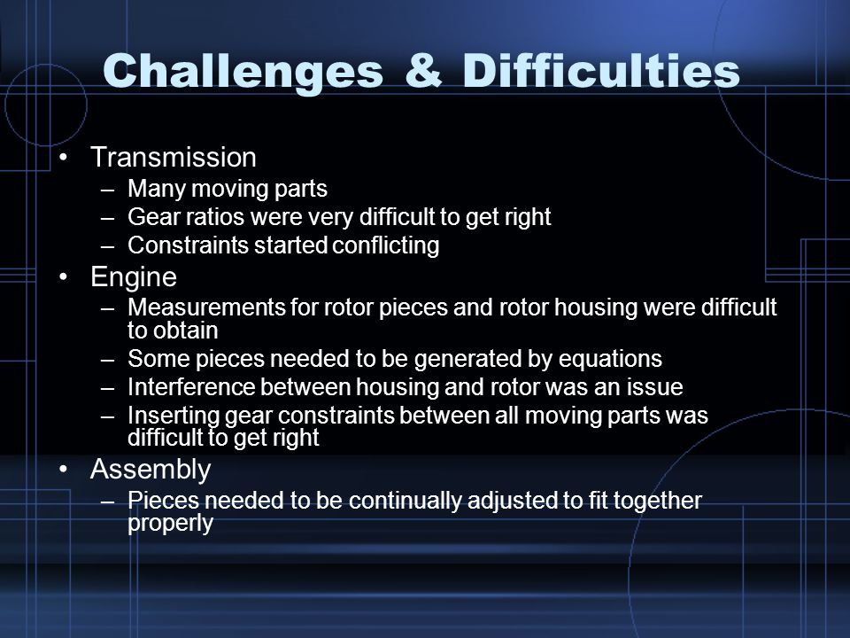 Challenges & Difficulties Transmission –Many moving parts –Gear ratios were very difficult to get right –Constraints started conflicting Engine –Measurements for rotor pieces and rotor housing were difficult to obtain –Some pieces needed to be generated by equations –Interference between housing and rotor was an issue –Inserting gear constraints between all moving parts was difficult to get right Assembly –Pieces needed to be continually adjusted to fit together properly