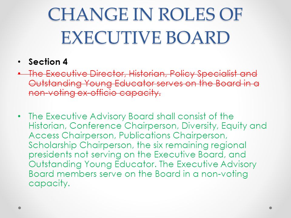 CHANGE IN ROLES OF EXECUTIVE BOARD Section 4 The Executive Director, Historian, Policy Specialist and Outstanding Young Educator serves on the Board in a non-voting ex-officio capacity.