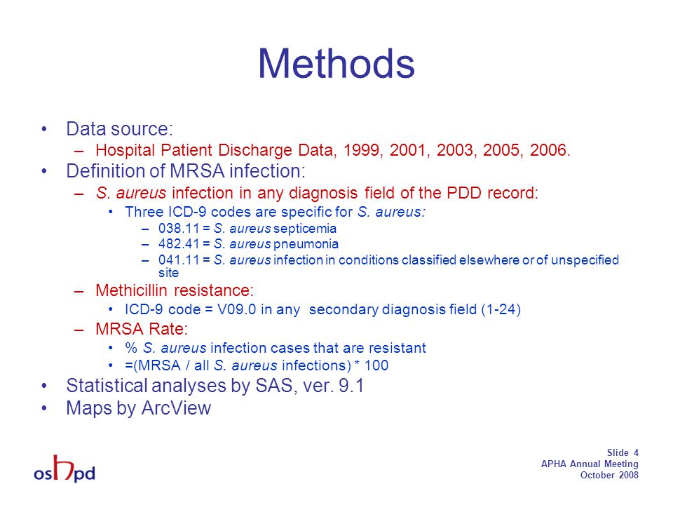 Slide 4 APHA Annual Meeting October 2008 Methods Data source: –Hospital Patient Discharge Data, 1999, 2001, 2003, 2005, 2006.