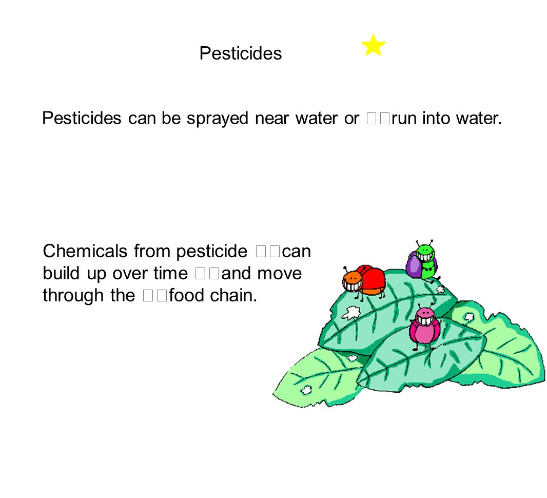 Pesticides Pesticides can be sprayed near water or run into water.