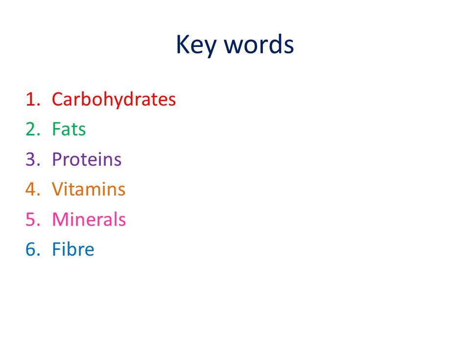 Key words 1.Carbohydrates 2.Fats 3.Proteins 4.Vitamins 5.Minerals 6.Fibre