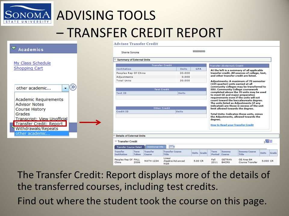 ADVISING TOOLS – TRANSFER CREDIT REPORT The Transfer Credit: Report displays more of the details of the transferred courses, including test credits.