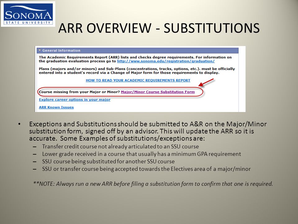 ARR OVERVIEW - SUBSTITUTIONS Exceptions and Substitutions should be submitted to A&R on the Major/Minor substitution form, signed off by an advisor.