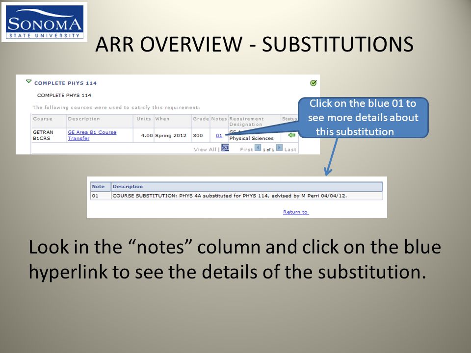 ARR OVERVIEW - SUBSTITUTIONS Look in the notes column and click on the blue hyperlink to see the details of the substitution.
