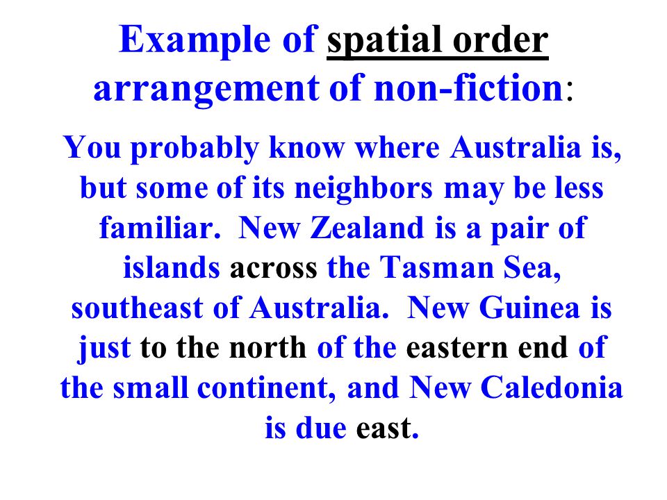 Example of spatial order arrangement of non-fiction: You probably know where Australia is, but some of its neighbors may be less familiar.