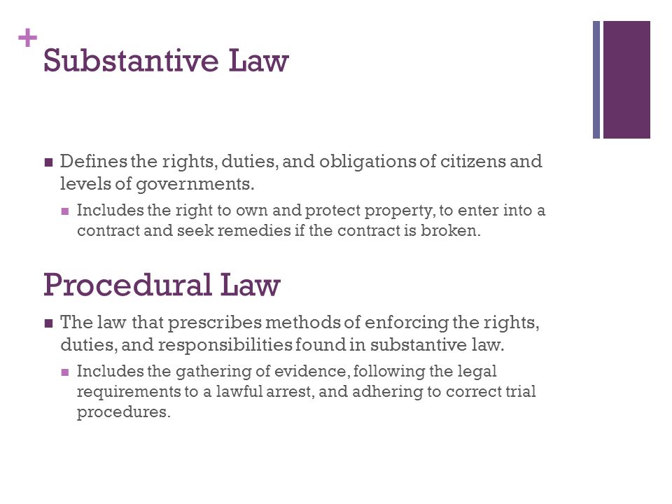+ Substantive Law Defines the rights, duties, and obligations of citizens and levels of governments.