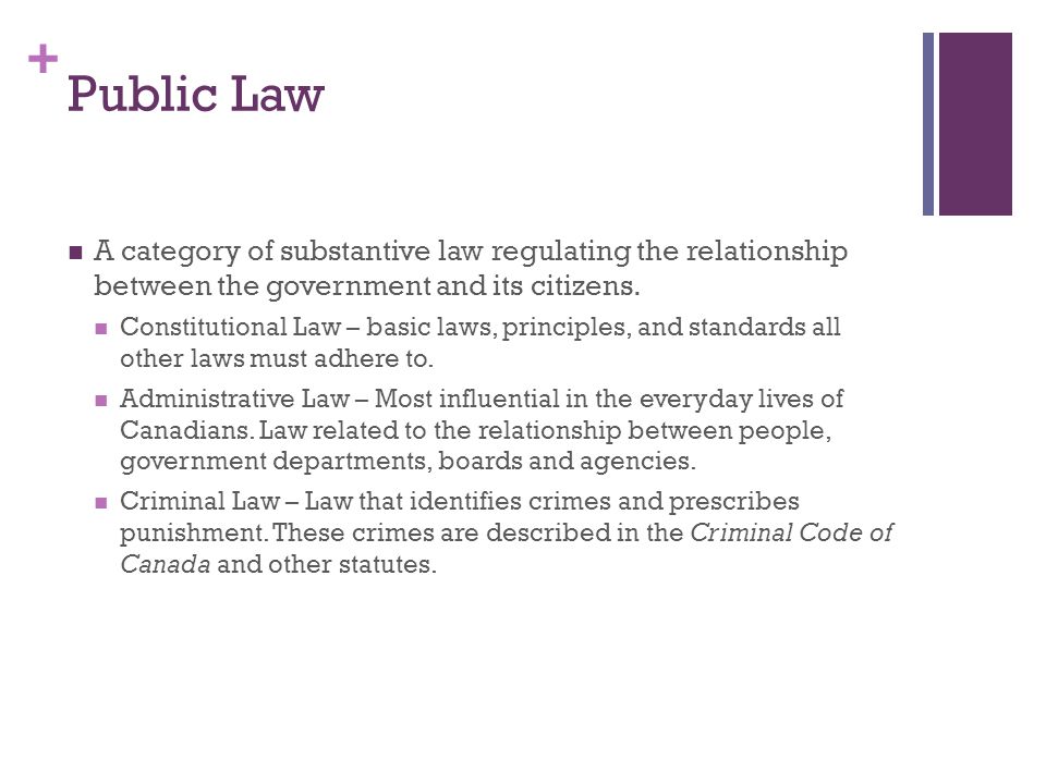 + Public Law A category of substantive law regulating the relationship between the government and its citizens.