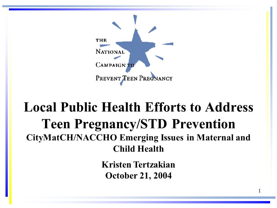 1 Local Public Health Efforts to Address Teen Pregnancy/STD Prevention CityMatCH/NACCHO Emerging Issues in Maternal and Child Health Kristen Tertzakian October 21, 2004