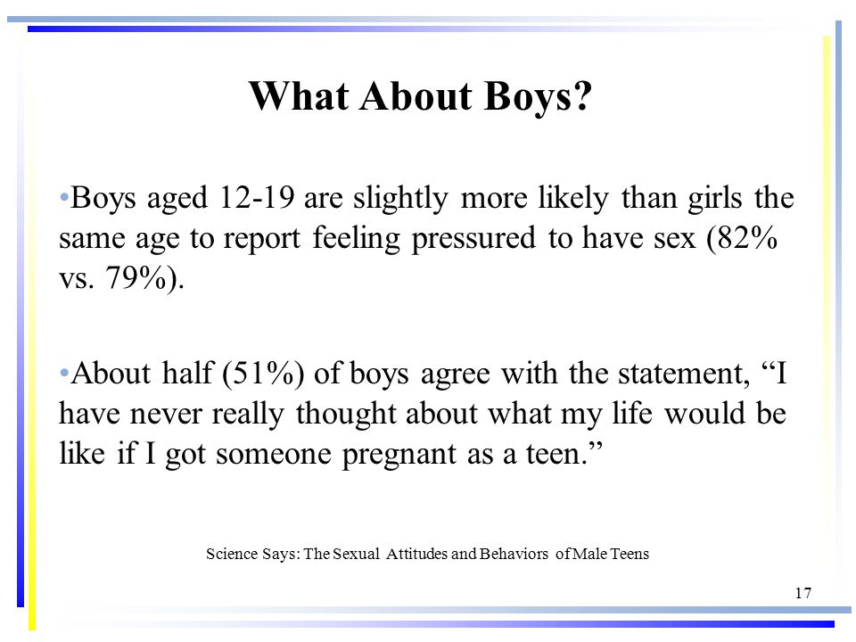 17 Boys aged are slightly more likely than girls the same age to report feeling pressured to have sex (82% vs.
