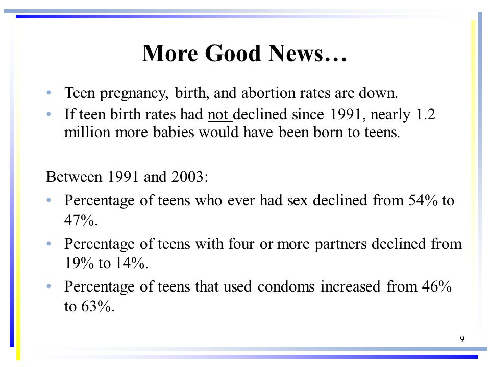 9 More Good News… Teen pregnancy, birth, and abortion rates are down.