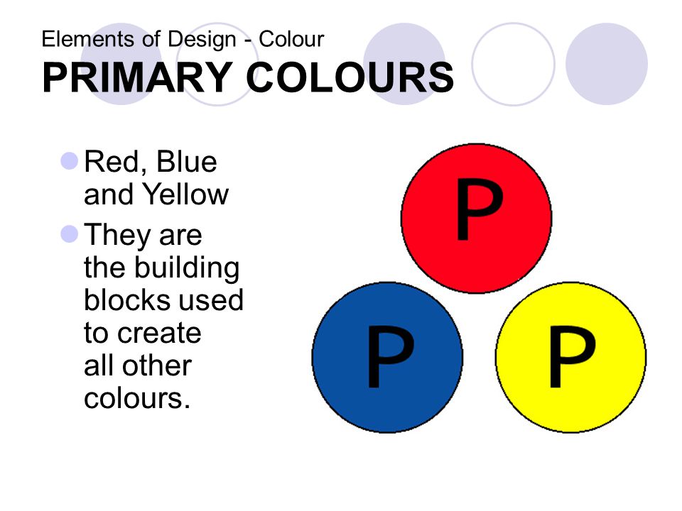 Elements of Design - Colour PRIMARY COLOURS Red, Blue and Yellow They are the building blocks used to create all other colours.