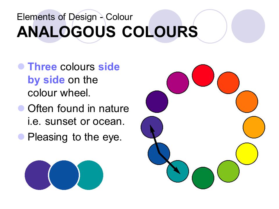 Elements of Design - Colour ANALOGOUS COLOURS Three colours side by side on the colour wheel.
